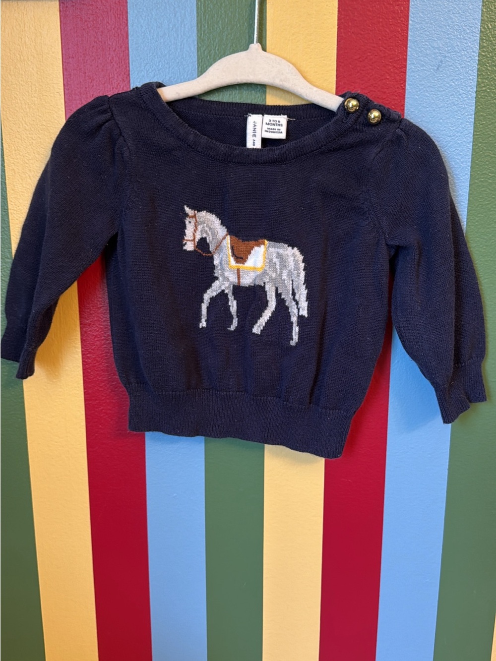 Janie and Jack Navy Knit Sweater with Horse Stitching